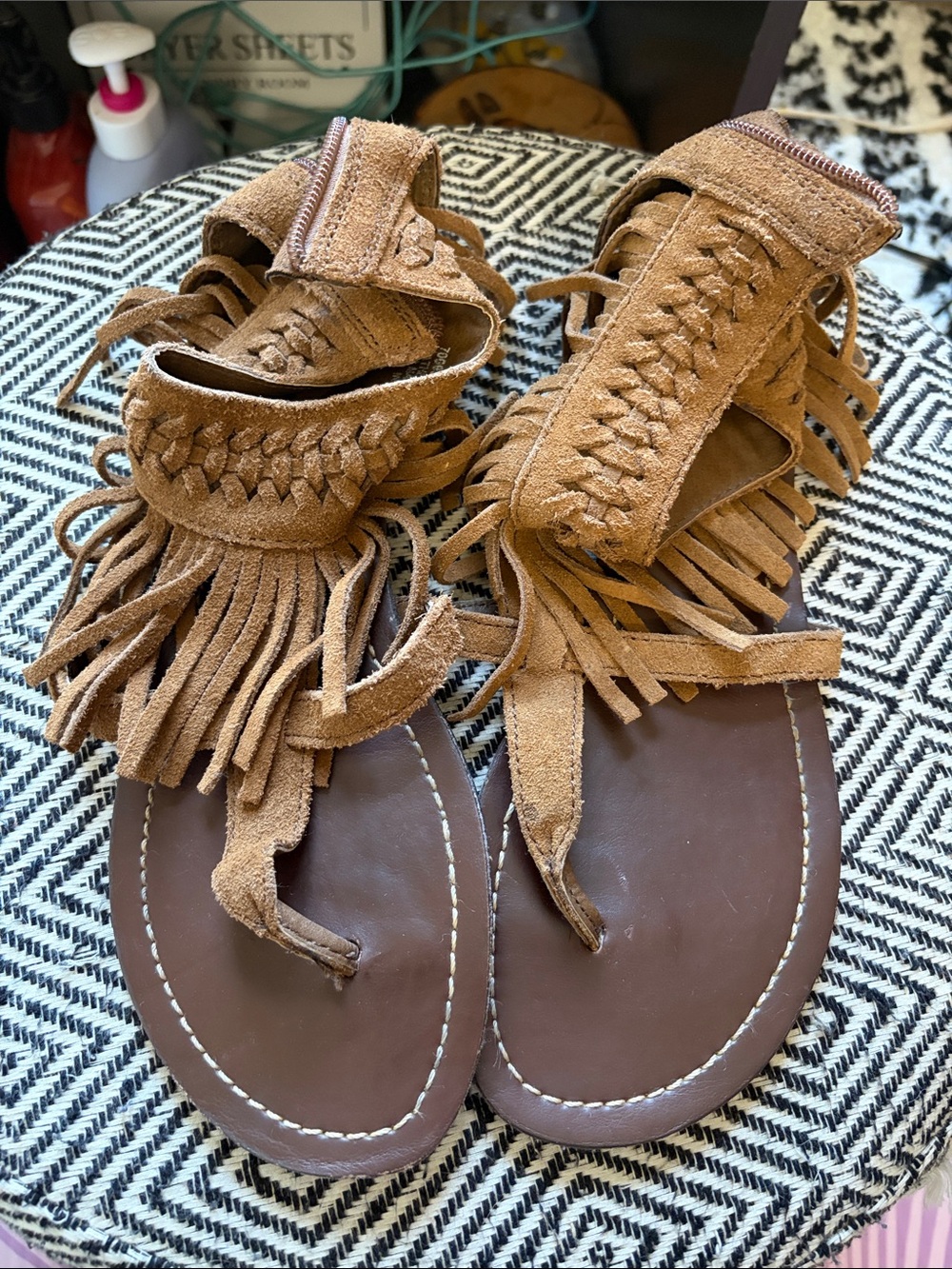 Minnetonka Tan Suede Fringe Braided Gladiator Sandals
